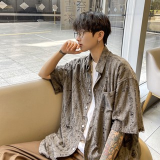 เสื้อเชิ้ตแขนสั้น ผ้าเรยอน แต่งรอยขาด อินเทรนด์ทันสมัย สําหรับผู้ชาย