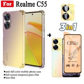 3 in 1 เคสโทรศัพท์ กันตกสี่มุม ฟิล์มกระจกนิรภัย ฟิล์มเลนส์ สําหรับ Realme C55 Realme C 55 C5 5