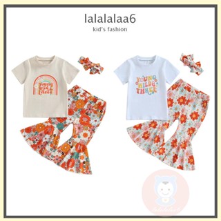 Laa6- เสื้อเชิ้ตแขนสั้น พิมพ์ลายตัวอักษร และกางเกงลายดอกไม้ และที่คาดผม สไตล์สตรีท สําหรับเด็กผู้หญิง