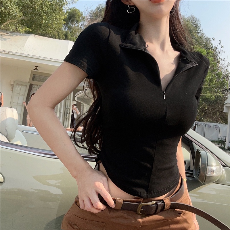 8042#{ด้ายฝ้ายแท้ 210 กรัม} เสื้อยืดแขนสั้น คอปก มีซิป สําหรับผู้หญิง