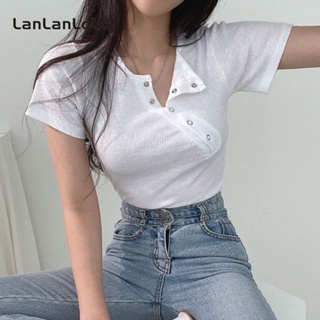 Lanlanlolo เสื้อยืดลําลอง แขนสั้น คอกลม ผ้าถัก สีพื้น สําหรับสตรี 2023