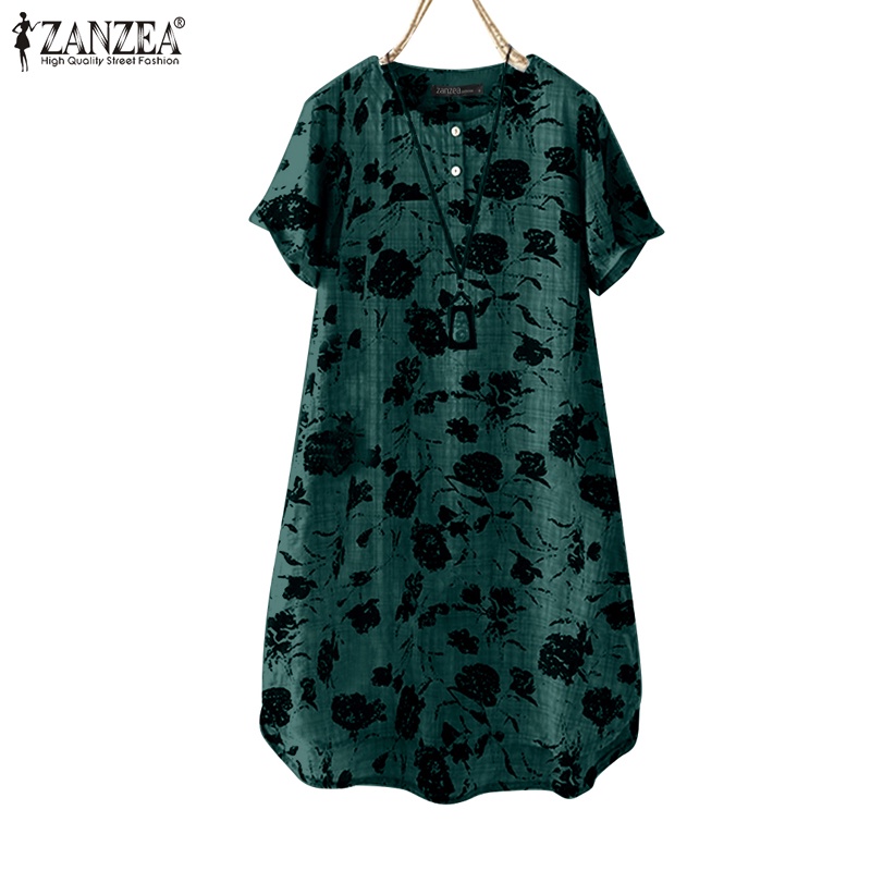 ZANZEA ซานเซีย ผู้หญิงแขนสั้นพิมพ์ลายกระเป๋าชุดเดรสคอกลมวินเทจ