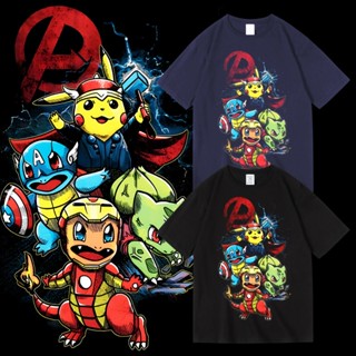 เสื้อ Pokémon Avengers แขนสั้นคอกลม สกรีนลายสวยงาม เสื้อยืด Pikachu ใส่ได้ทั้งชายหญิง ลายการ์ตูน เสื้อผ้าแฟชั่น พร้อมส่ง