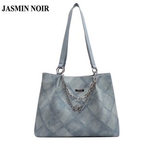 Jasmin NOIR กระเป๋าถือ กระเป๋าสะพายไหล่ ผ้าแคนวาส ลายสก๊อต ขนาดใหญ่ แต่งสายโซ่คล้อง สําหรับสตรี