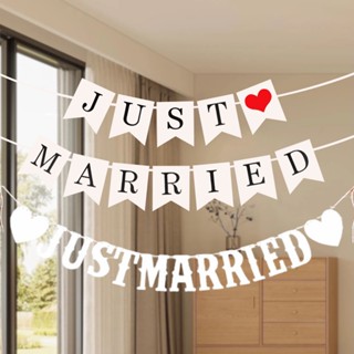 ป้ายแบนเนอร์ ลาย Just Married Wedding พร็อพถ่ายรูป สําหรับแขวนตกแต่งหน้าต่างรถยนต์ งานแต่งงาน