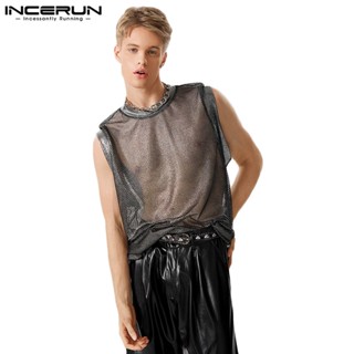 Incerun เสื้อกล้าม ผ้าตาข่าย ผ่าข้าง