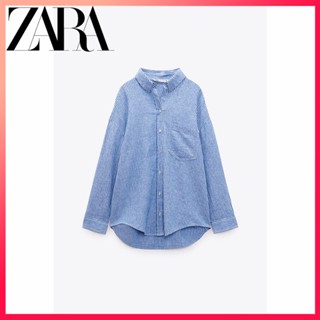 Zara ใหม่ เสื้อเชิ้ต ผ้าลินิน ลายทาง ทรงหลวม สําหรับผู้หญิง