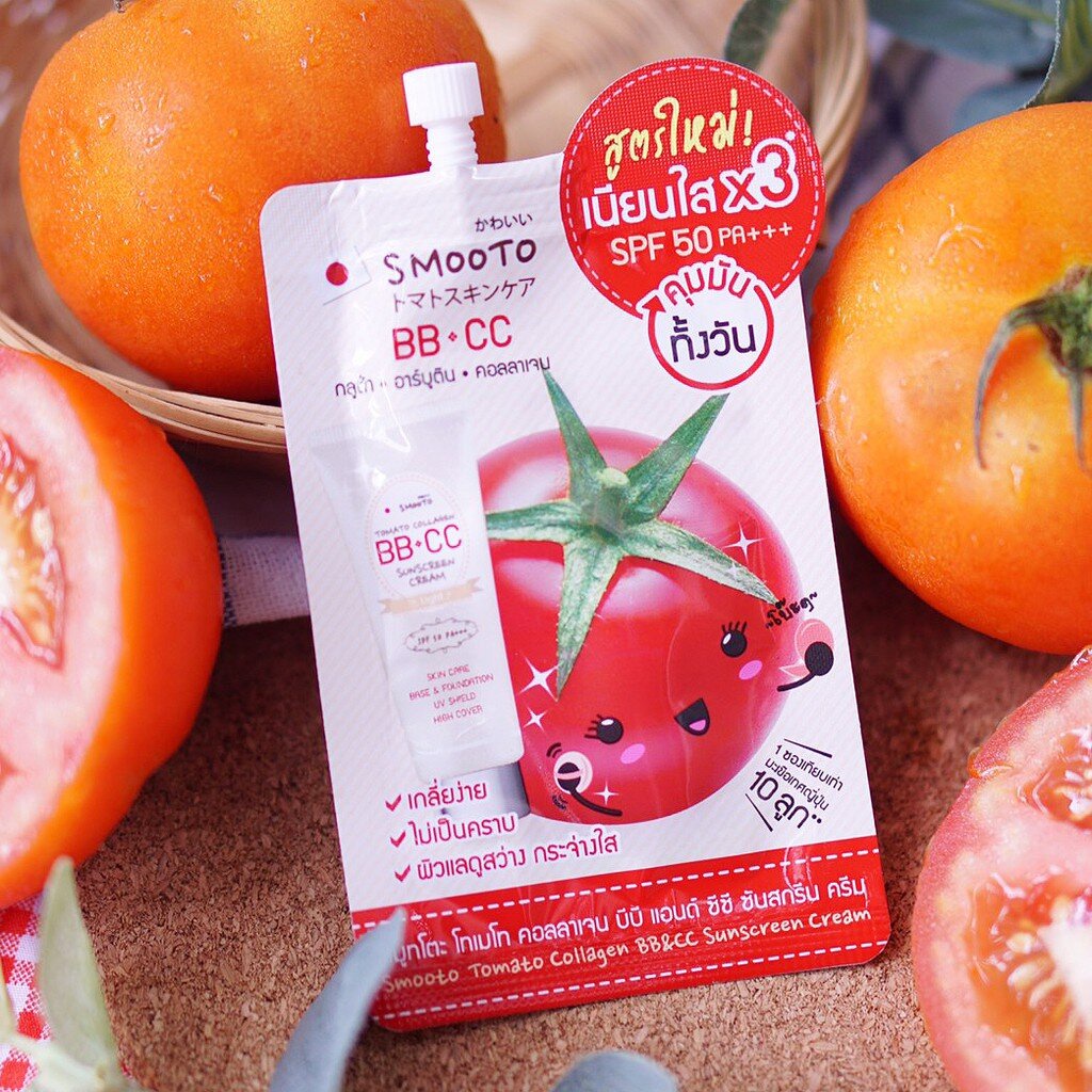 (6 ซอง/กล่อง) สูตรใหม่ Smooto Tomato Collagen BB&CC Creaml สูตรใหม่ สมูทโตะ โทเมโท่ คอลลาเจน บีบี & 