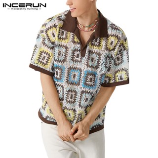 Incerun เสื้อโปโล แขนสั้น ผ้าถัก ลูกไม้ ลายดอกไม้ สีโปร่งใส