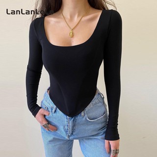 Lanlanlolo เสื้อคอร์เซ็ทลําลอง แขนยาว คอสี่เหลี่ยม เข้ารูป สีพื้น สําหรับผู้หญิง 2023