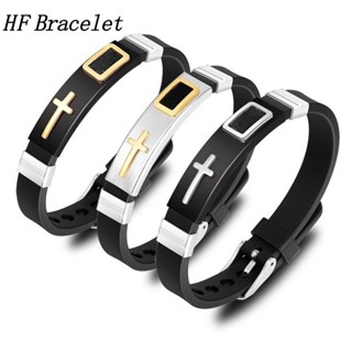 [HF Bracelet][hf Bracelet] ใหม่ สร้อยข้อมือหนัง ไทเทเนียม ซิลิโคน ลายไม้กางเขน ปรับได้ แฟชั่นยุโรป และอเมริกา สําหรับผู้ชาย