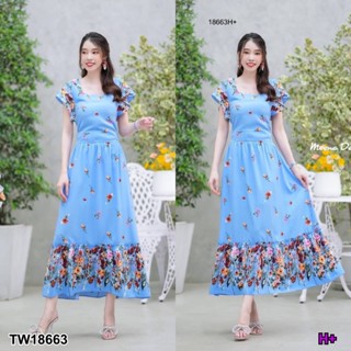 ส่งไว 💗พร้อมส่ง   Maxi dress ลายดอกเชิงทรงคอเหลี่ยม แขนระบาย ชุดเซ็ต ชุดไปทะเล ทำงาน เสื้อผ้าสาวอวบ เดรส