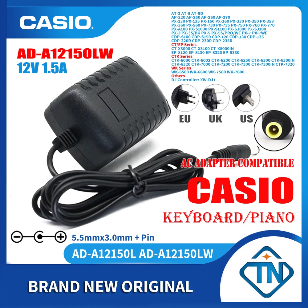 อะแดปเตอร์พาวเวอร์ซัพพลาย 12V 1.5A AD-A12150LW สําหรับเปียโน Casio AP-220 AP-220BK/BN AP-250 AP-250BK/BN AP-260 AP-270
