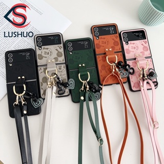 Lushuo เคสโทรศัพท์มือถือหนังแข็ง ผิวด้าน ลายการ์ตูนมิกกี้เมาส์ พร้อมแหวนขาตั้ง และสายคล้อง สําหรับ Samsung Galaxy Z Flip 3 5G and Z Flip4 Z Flip3 ZFlip3 ZFlip 3 ZFlip 4 Z Flip 4