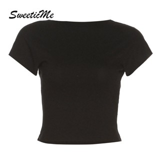 Sweeticme ใหม่ เสื้อยืดครอป คอกลม เปลือยหลัง เซ็กซี่ สีพื้น แฟชั่นสําหรับสตรี 2023