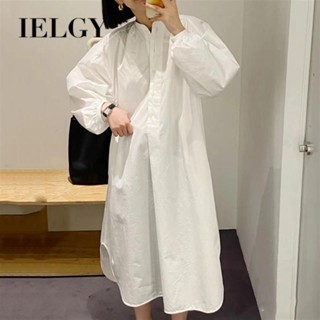 IELGY ชุดเดรสคอกลม แขนพัฟ กระโปรงยาวปานกลาง สีขาว สไตล์เรโทร เรียบง่าย สําหรับผู้หญิง