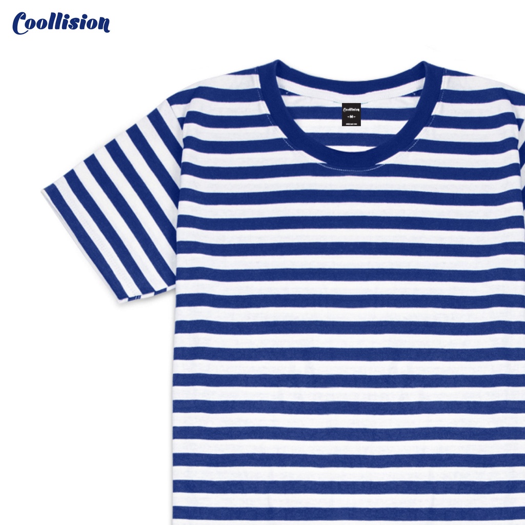 Coollision-1cm.Blue เสื้อยืดแขนสั้นลายทาง สีน้ำเงินขาว ริ้ว 1 เซนติเมตร เสื้อลายทาง unisex ผ้าไม่ลื่น สีไม่ตก