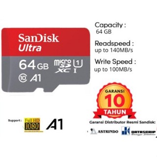 การ์ดหน่วยความจํา Micro SD 64GB Sandisk Ultra UHS-I A1 สูงสุด 120Mbps - ความเร็ว 140Mbps