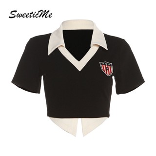 Sweeticme เสื้อครอปแขนสั้น คอปกโปโล เข้ารูป แฟชั่นใหม่ สําหรับผู้หญิง 2023