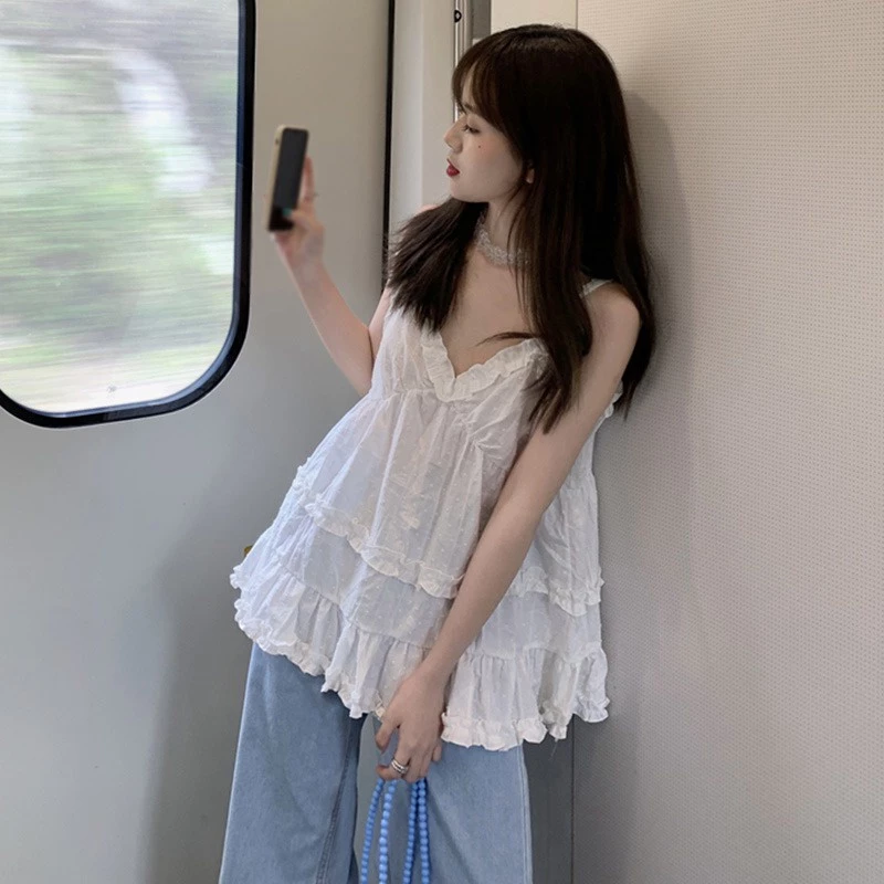 เสื้อสายเดี่ยวลําลอง คอวี แขนกุด สีพื้น สไตล์เกาหลี สําหรับผู้หญิง สายสปาเก็ตตี้ คอวี