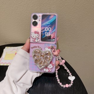 เคสโทรศัพท์มือถือ PC แบบใส ลายแมว KT ประดับเพชร พร้อมสายคล้องมือ สําหรับ Oppo Find N2 Flip 5G Find N2Flip