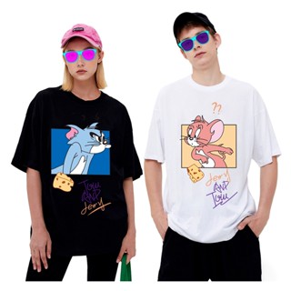 เสื้อ ทอมแอนด์เจอร์รี แขนสั้นคอกลม ทรงหลวม พิมพ์ลายการ์ตูน Tom and Jerry แฟชั่นคู่รัก cotton ผู้ชายและผู้หญิงสามารถใส่