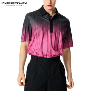 Incerun เสื้อโปโล แขนสั้น ผ้าถัก ไล่โทนสี สไตล์วินเทจ สําหรับผู้ชาย