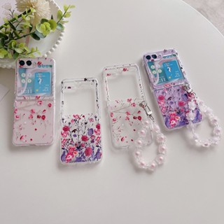 เคสโทรศัพท์มือถือ แบบใส ลายดอกไม้น่ารัก พร้อมสายคล้องมือ สําหรับ Samsung Galaxy Z Flip 5 Flip 5G