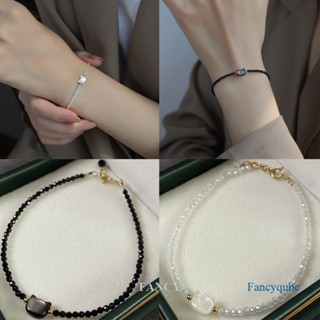 Fancy สร้อยข้อมือ คริสตัล ไข่มุก ขนาดเล็ก ปรับได้ สีดํา และสีขาว