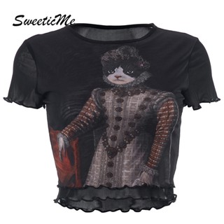 Sweeticme ใหม่ เสื้อยืดซีทรู แขนสั้น คอกลม ผ้าตาข่าย แฟชั่นสตรีท 2023