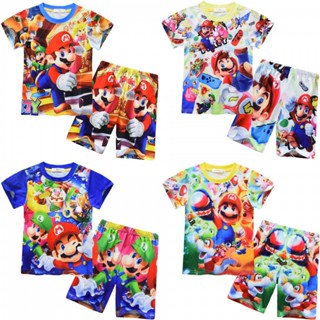 ชุดนอน เสื้อยืด แขนสั้น ลาย Super Mario และกางเกง สําหรับเด็กผู้ชาย สองชิ้น