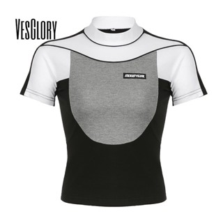 Vesglory เสื้อครอปท็อป แขนสั้น คอสูง พิมพ์ลายตัวอักษร สีตัดกัน สําหรับผู้หญิง 2023