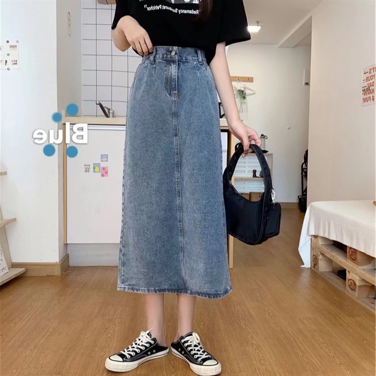 Anna J7005 ส่งไวจากไทย SELLDA* กระโปรงยีนส์ ทรงเอ เอวสูง สไตล์เกาหลี