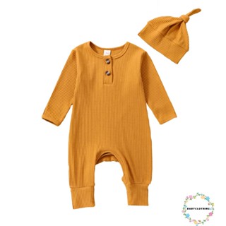 Babyclothes- ชุดจั๊มสูท รอมเปอร์ แขนยาว สีพื้น และหมวกบีนนี่ ลําลอง สําหรับเด็กผู้ชาย เด็กวัยหัดเดิน