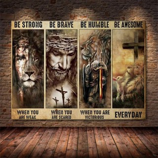 โปสเตอร์ผ้าใบ ลาย Jesus Lamb Lion Cross Warrior Be Strong Be Brave Be Humble Be Awesome สําหรับตกแต่งผนัง 0711