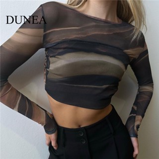 Dunea เสื้อครอปสั้น เปิดหลัง ผ้าตาข่าย พิมพ์ลาย เซ็กซี่ สําหรับผู้หญิง