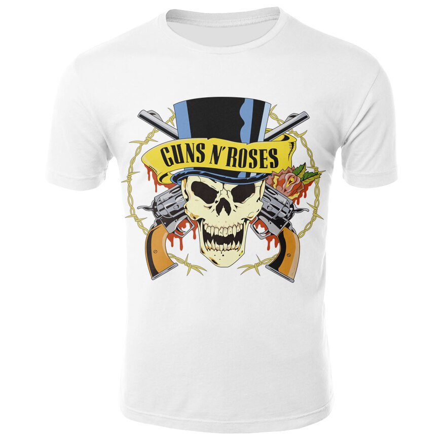 เสื้อยืด Gun rose 3D printing T-shirt skull series hip hop punk rock men and women T-shirt pure whit