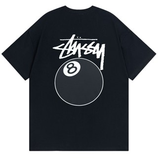 เสื้อยืดแขนสั้น ผ้าฝ้ายแท้ พิมพ์ลาย Stussy American Street Wear สีดํา สําหรับผู้หญิง ลูกเต๋าบิลเลียด 8 ลูกเต๋า สําหรับคู่รัก