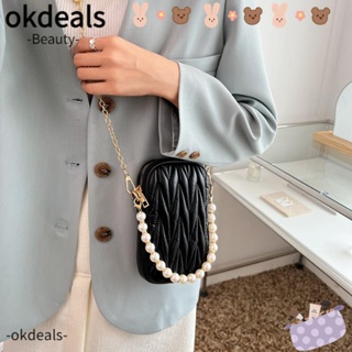 OKDEALS กระเป๋าสะพายไหล่ หนัง PU ขนาดเล็ก แต่งสายโซ่ ประดับไข่มุก สําหรับผู้หญิง