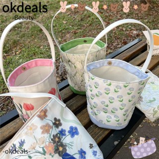 OKDEALS กระเป๋าช้อปปิ้ง ผ้าแคนวาส ทรงบักเก็ต ลายดอกทิวลิป ใช้ซ้ําได้ แฮนด์เมด สําหรับผู้หญิง