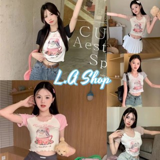 L.A Shop ​พร้อมส่ง เสื้อไหมพรมครอปสั้น ลายกระต่าย แขนสั้น  ดีเทลปลายหยักสีพาสเทล "67043"