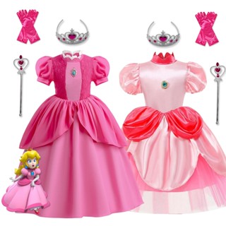 ชุดเดรสคอสเพลย์ Super Mario Peach Princess Rose สําหรับเด็กผู้หญิง อายุ 4-10 ปี เหมาะกับงานปาร์ตี้ฮาโลวีน