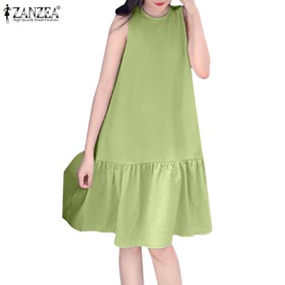 Zanzea ชุดเดรส คอกลม แขนกุด สีพื้น สไตล์เกาหลี สําหรับผู้หญิง