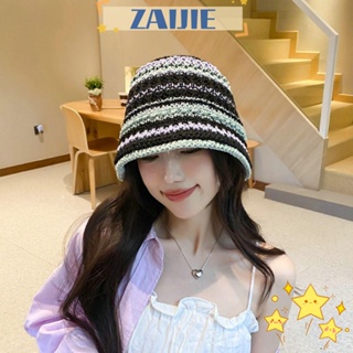 Zaijie24 หมวกบักเก็ตถักโครเชต์ ลายทางสีรุ้ง ป้องกันรังสียูวี พับได้ หลากสีสัน สําหรับชาวประมง เดินทาง