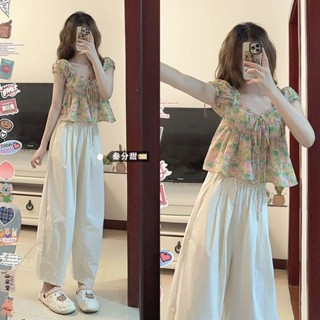 Shopkeepers selection# cute short bubble sleeve floral doll shirt top small wide leg loose cropped pants summer suit for women 8.25N