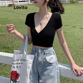 Lovito เสื้อครอปลําลอง คอวีลึก สําหรับผู้หญิง LNA17134 (สีดํา)