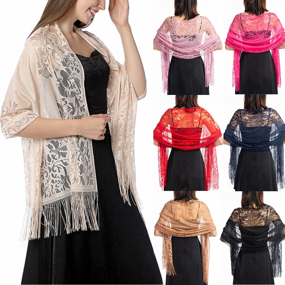 ผ้าคลุมไหล่ลูกไม้ Sheer Hollow Tassels ดอกไม้ Fringd