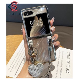 Lushuo เคสโทรศัพท์มือถือแบบใส ประดับพลอยเทียม จี้รูปหัวใจ หรูหรา สําหรับ Samsung Galaxy Z Flip 5 ZFlip5 ZFlip 5