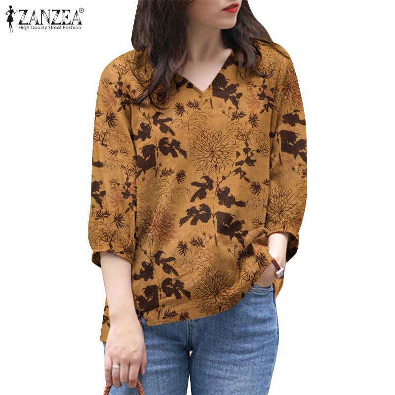 Zanzea เสื้อเบลาส์ แขน 3/4 พิมพ์ลาย ลายสก๊อต สไตล์เกาหลี สําหรับผู้หญิง