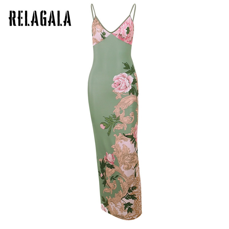 RelaGala ผู้หญิงแฟชั่นใหม่ Casual Suspender V คอพิมพ์เซ็กซี่ Slim Holiday Dress